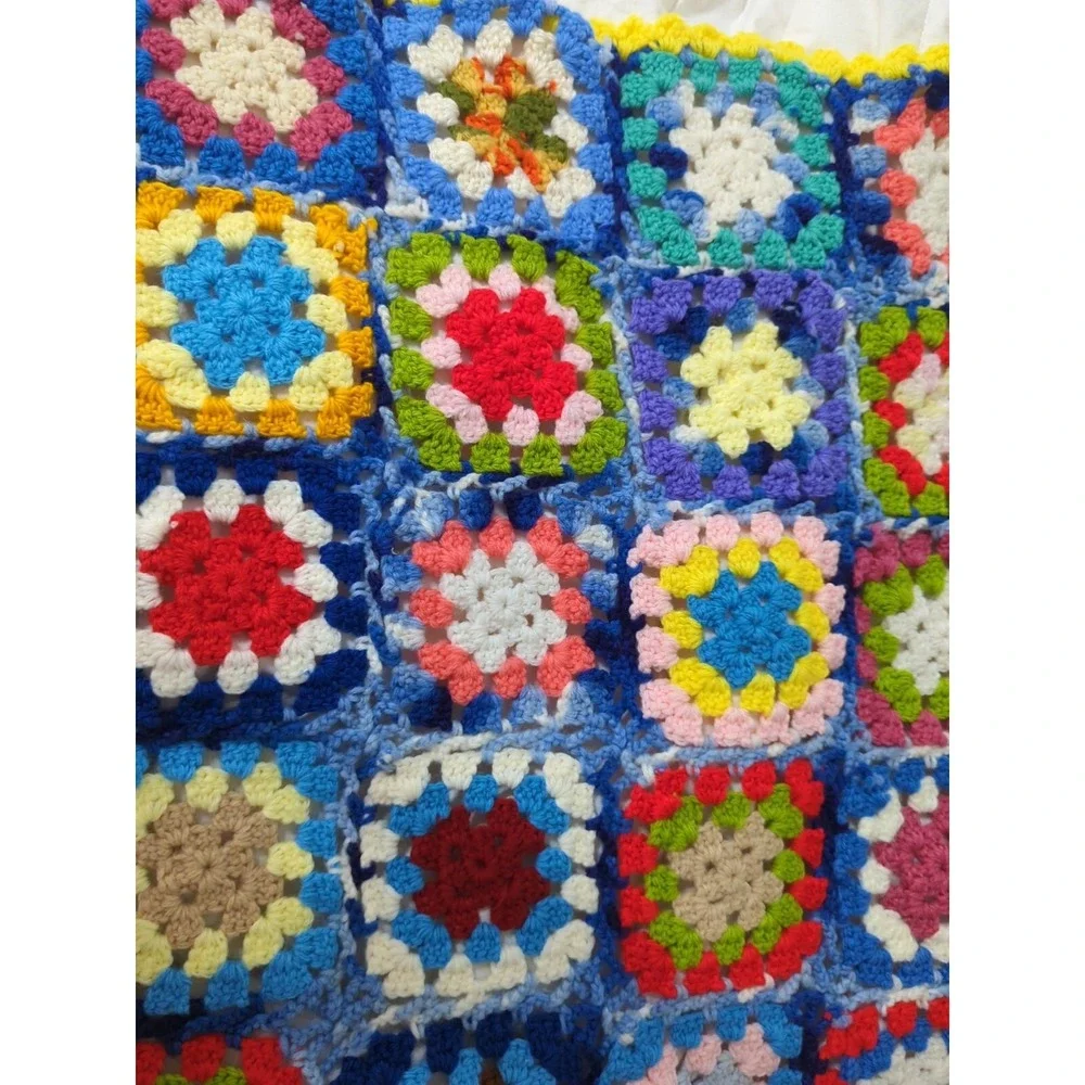Handmade crocheted granny square‎ Afghan blanket throw yellow trim blue red pink